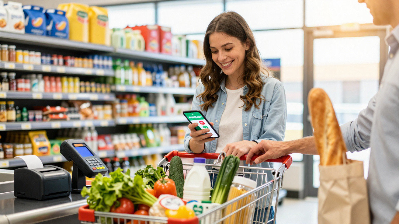 Mulher sorri enquanto paga compras com telemóvel no supermercado, carrinho cheio de legumes e leite.