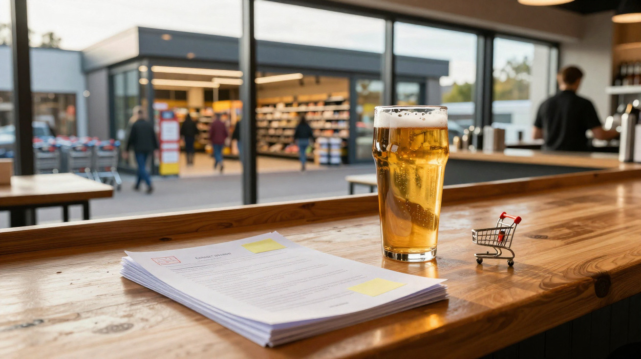 Copo de cerveja, papeis e carrinho de compras em balcão de madeira com vista para loja e pessoas.