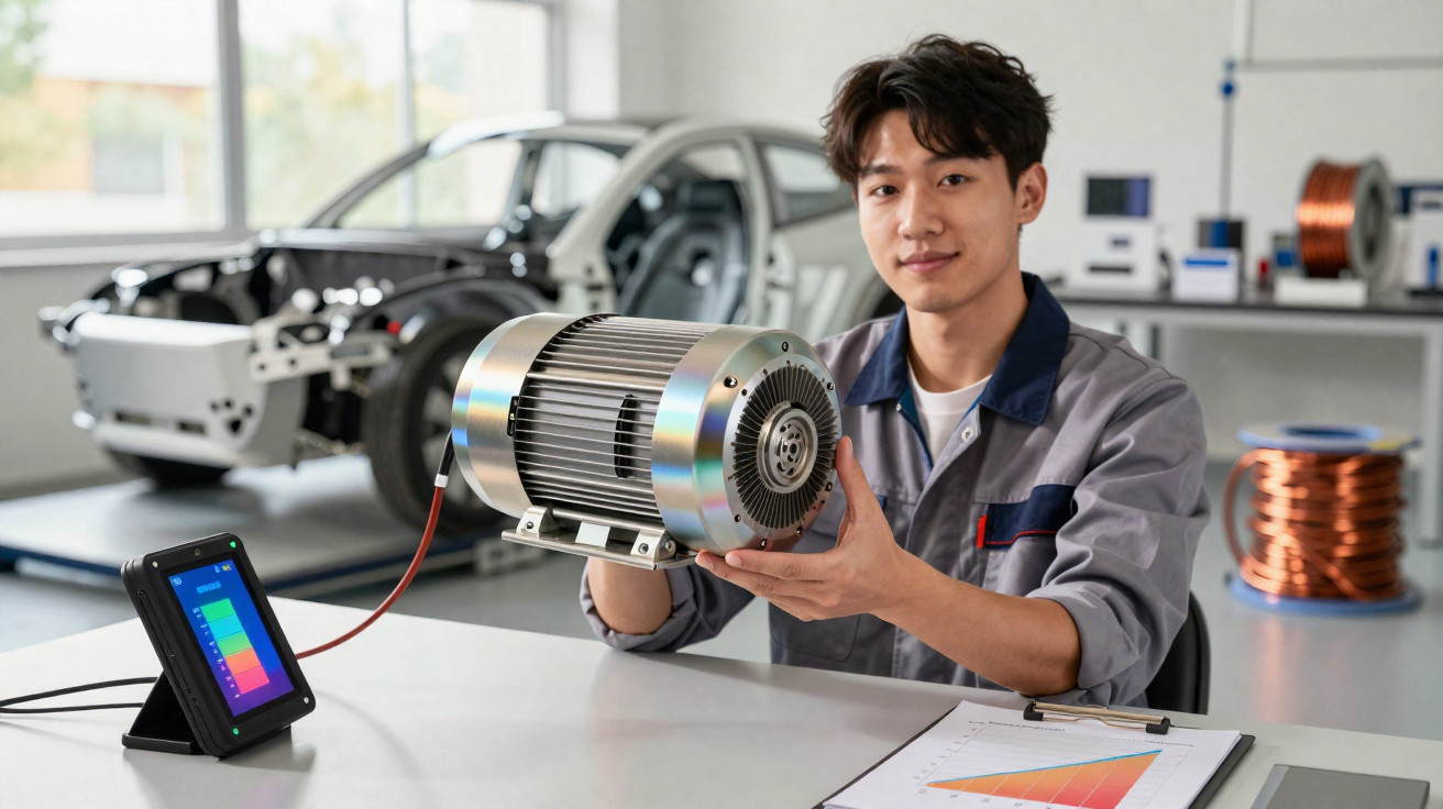 Engenheiro em oficina a segurar motor elétrico com carro elétrico e gráficos ao fundo.