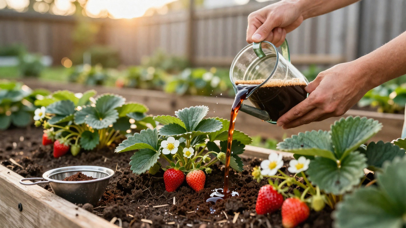Pessoa a regar plantas de morango com café num jardim com canteiros de madeira.