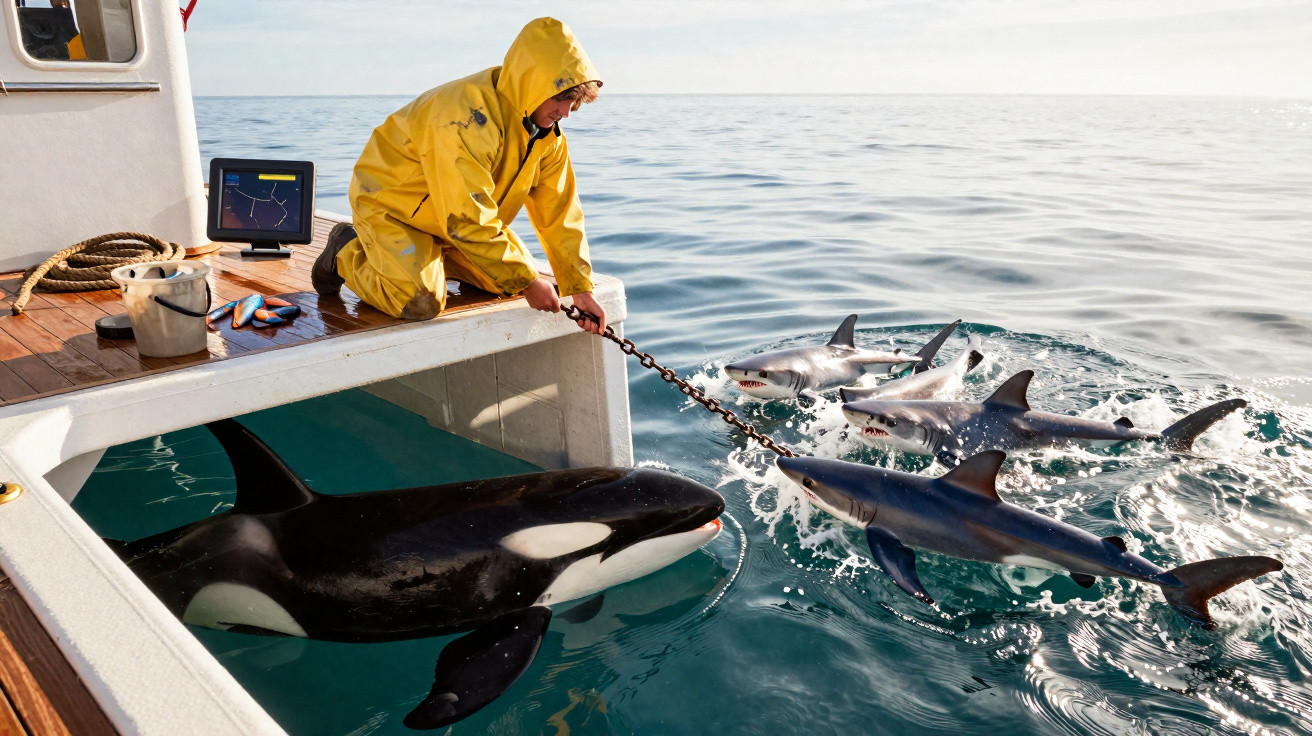 Homem com fato amarelo alimenta orca e tubarões a partir de barco no mar calmo.