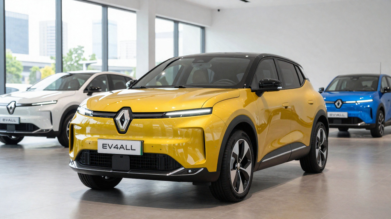 Carro elétrico Renault EV4ALL amarelo num showroom com outros dois carros elétricos ao fundo.