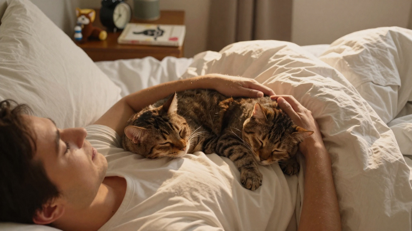Pessoa deitada na cama a dormir com dois gatos deitados sobre o peito aconchegados.
