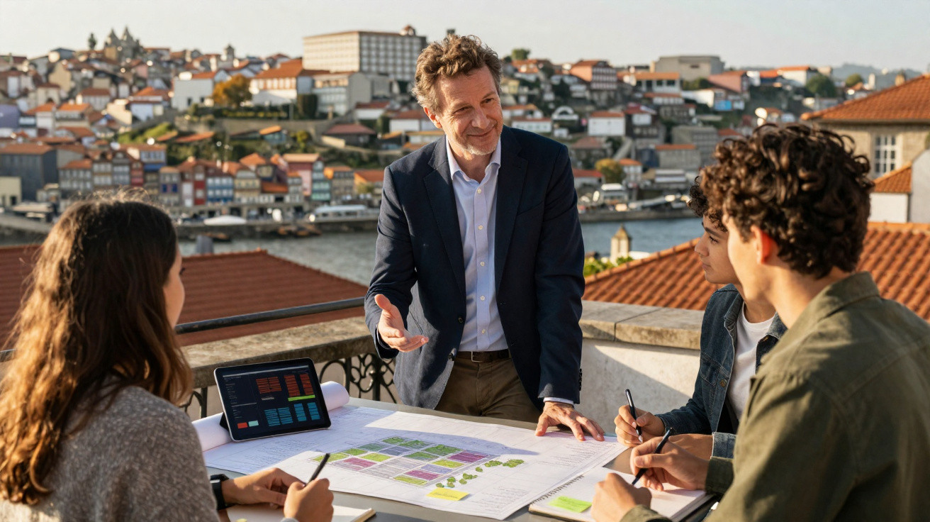 Homem a explicar projeto ambiental a três jovens num terraço com vista para cidade e rio ao fundo.