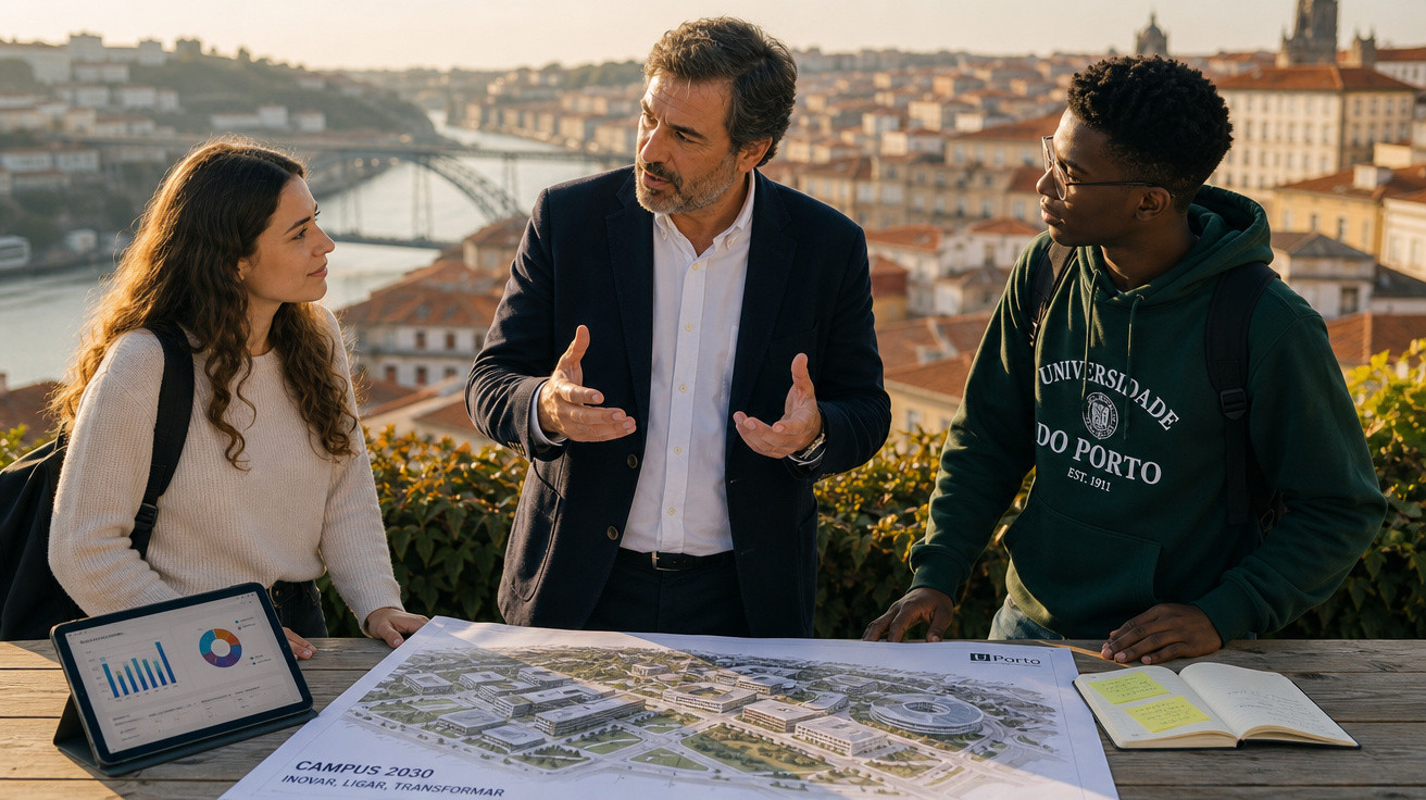Três pessoas discutem um projeto do campus universitário do Porto com gráfico e planta junto ao rio com vista da cidade ao fu
