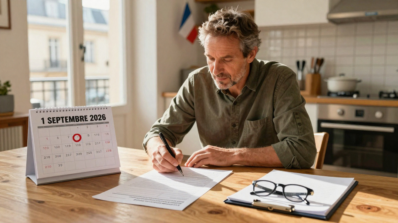 Homem sentado à mesa a escrever com caneta, com calendário de setembro de 2026 visível e óculos sobre documentos.