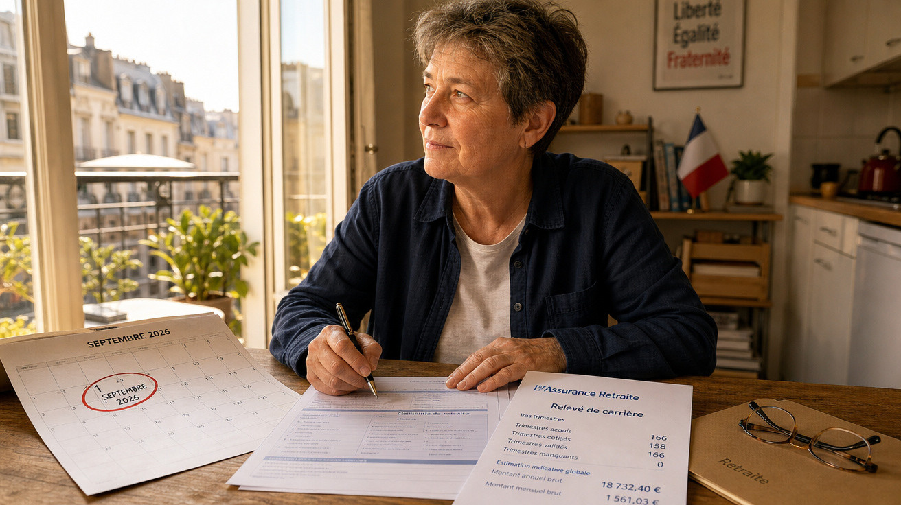 Mulher sentada à mesa, a preencher documentos com calendário aberto e bandeira francesa ao fundo.