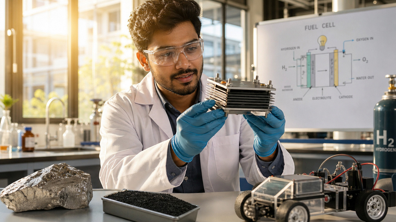 Cientista com bata e luvas analisa célula de combustível num laboratório moderno, com equipamento e esquema ao fundo.