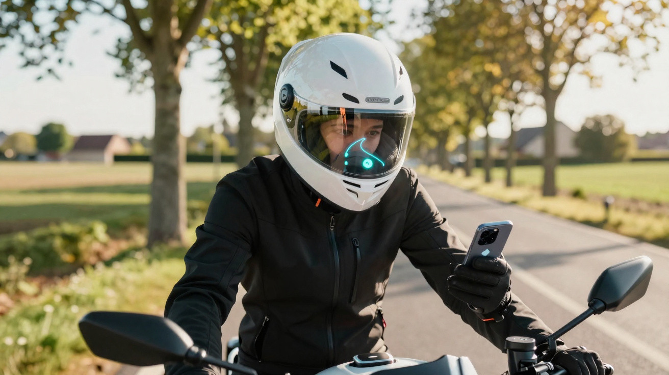 Homem de capacete branco e jaqueta preta numa moto, olhando para o telemóvel numa estrada com árvores.