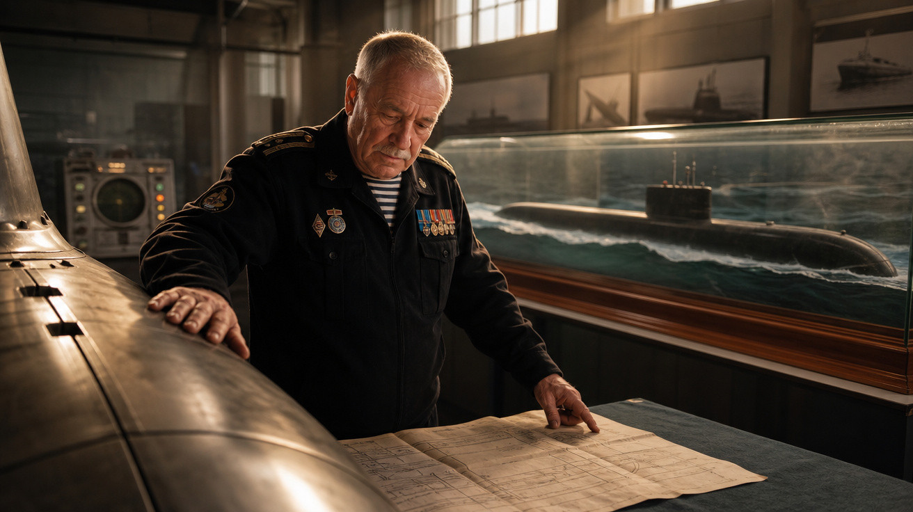 Homem sénior em uniforme naval com medalhas estuda mapas ao lado de modelo de submarino numa sala iluminada.