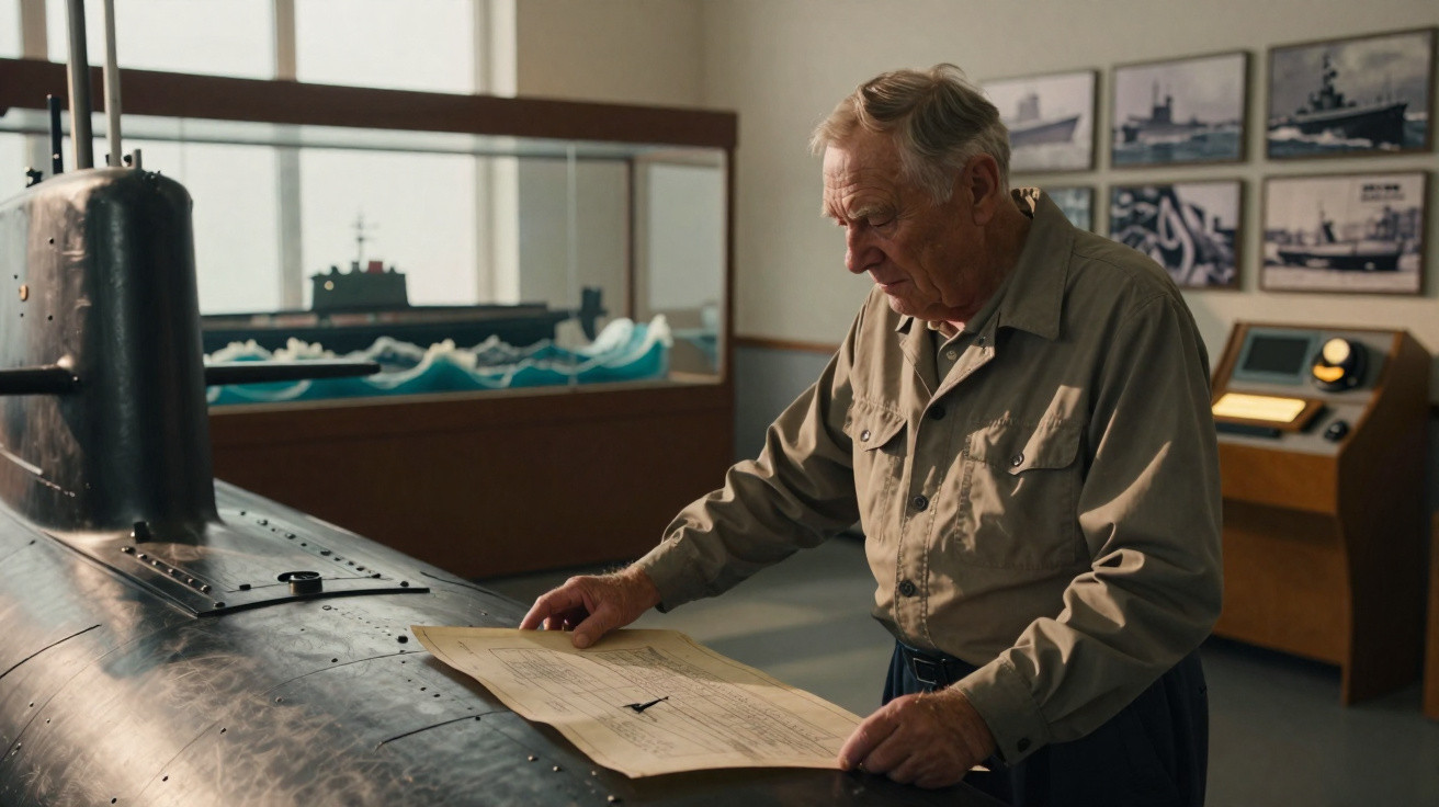 Homem idoso analisa planta junto a maquete de submarino numa sala com quadros e equipamentos navais.