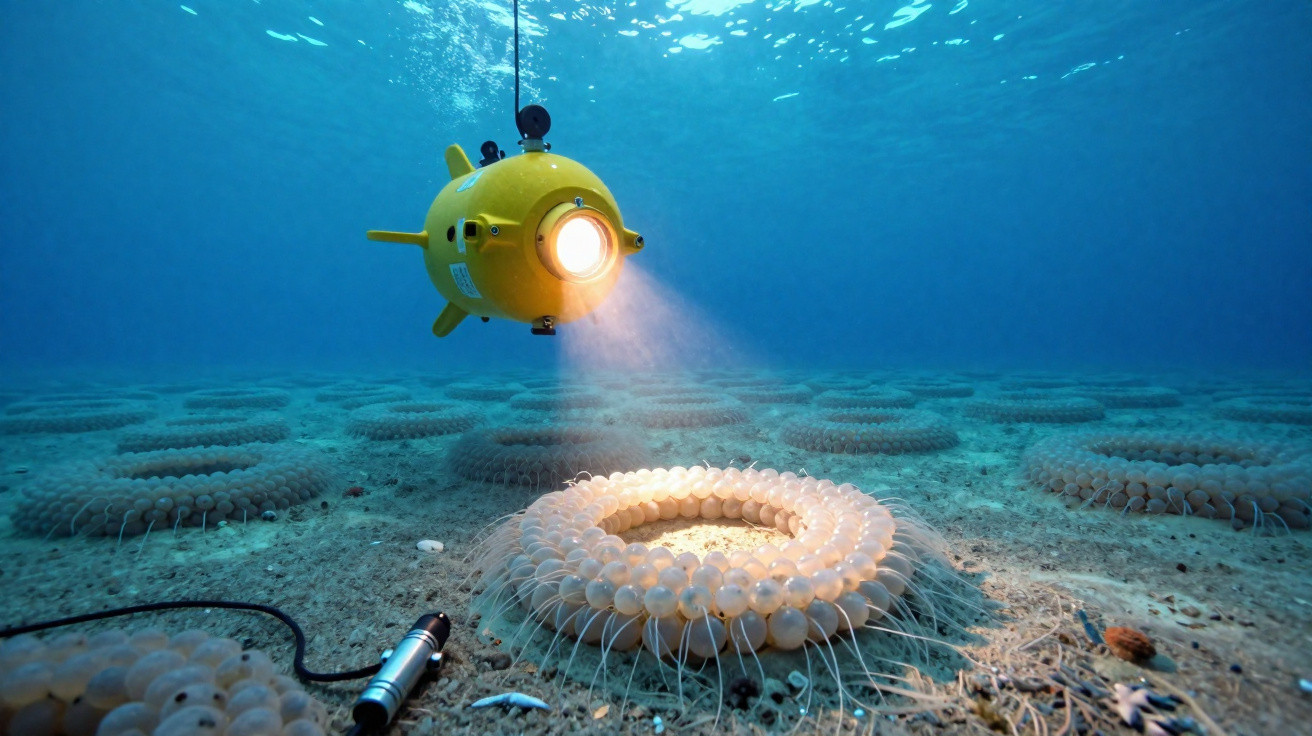 Veículo submarino amarelo com luz a explorar estruturas circulares no fundo do mar.