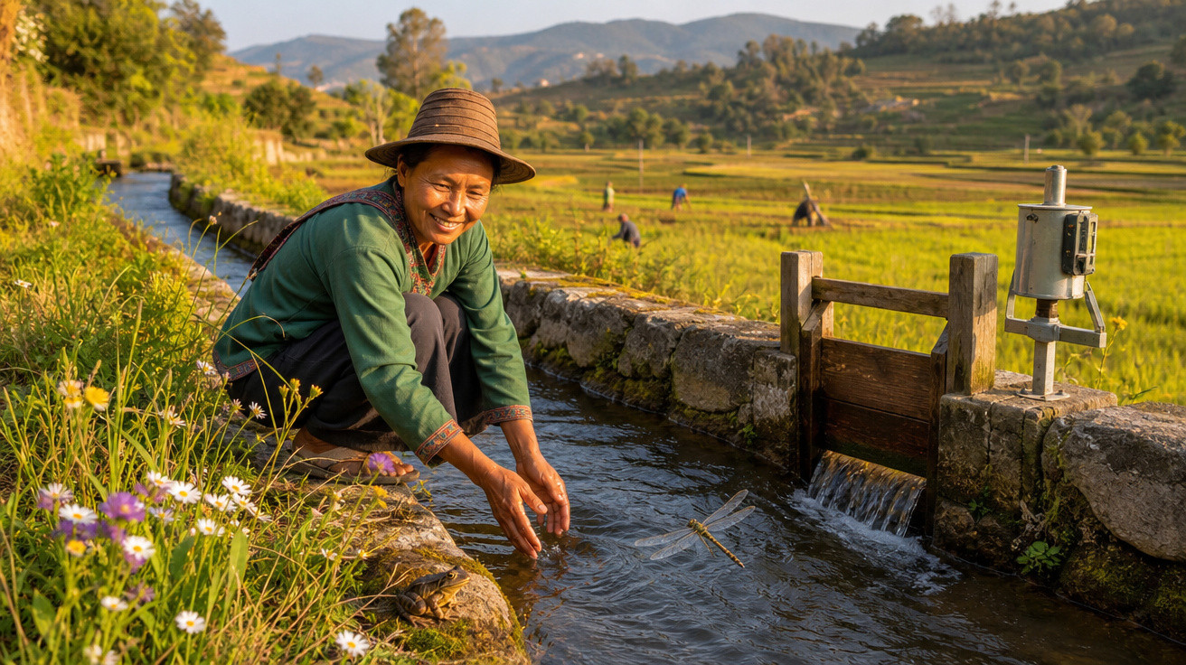 Pessoa sorridente a lavar as mãos num canal de água junto a campos agrícolas verdes e montanhas ao fundo.