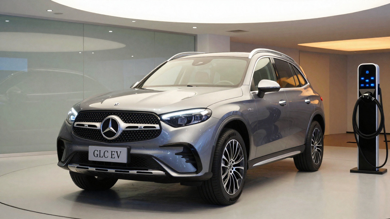 Carro elétrico Mercedes-Benz GLC EV estacionado junto a posto de carregamento em ambiente moderno interior.