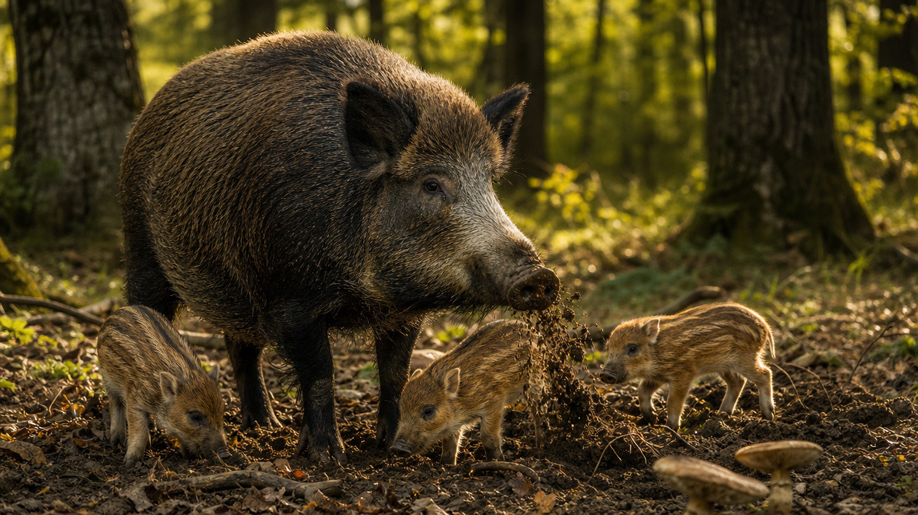Garrano adulto com três crias pequenas num bosque, revirando o solo com o focinho.