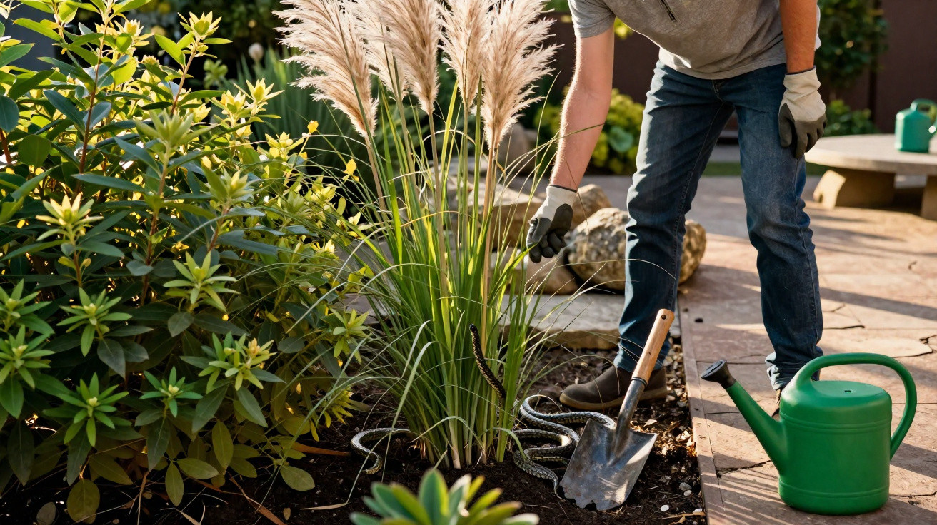 Pessoa a cuidar de plantas num jardim, usando luvas e segurando uma cobra perto de uma pá e um regador verde.
