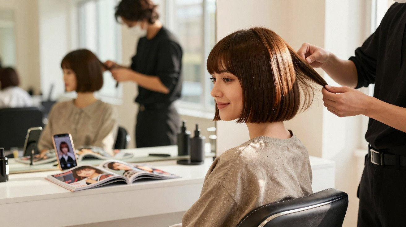 Mulher sentada num salão de cabeleireiro a experimentar corte de cabelo com cabeleireiro a ajustar o cabelo.