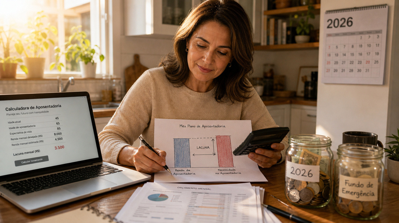 Mulher a calcular planos de aposentadoria com documentos, calculadora e calendário de 2026 na cozinha.