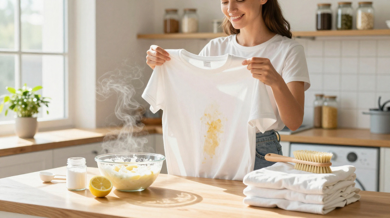 Mulher a mostrar t-shirt branca manchada na cozinha com ingredientes e pilha de roupa limpa sobre mesa de madeira.