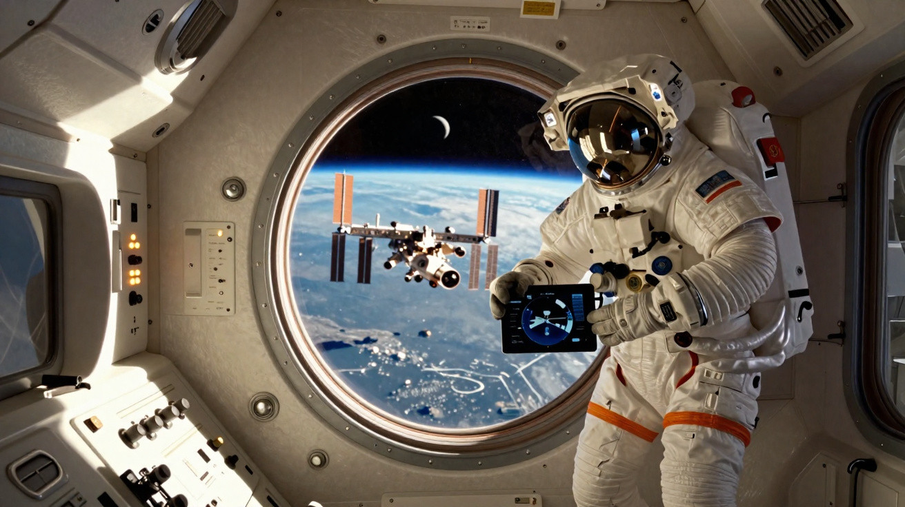 Astronauta dentro de módulo espacial a segurar tablet com vista da Terra e estação espacial pela janela circular.