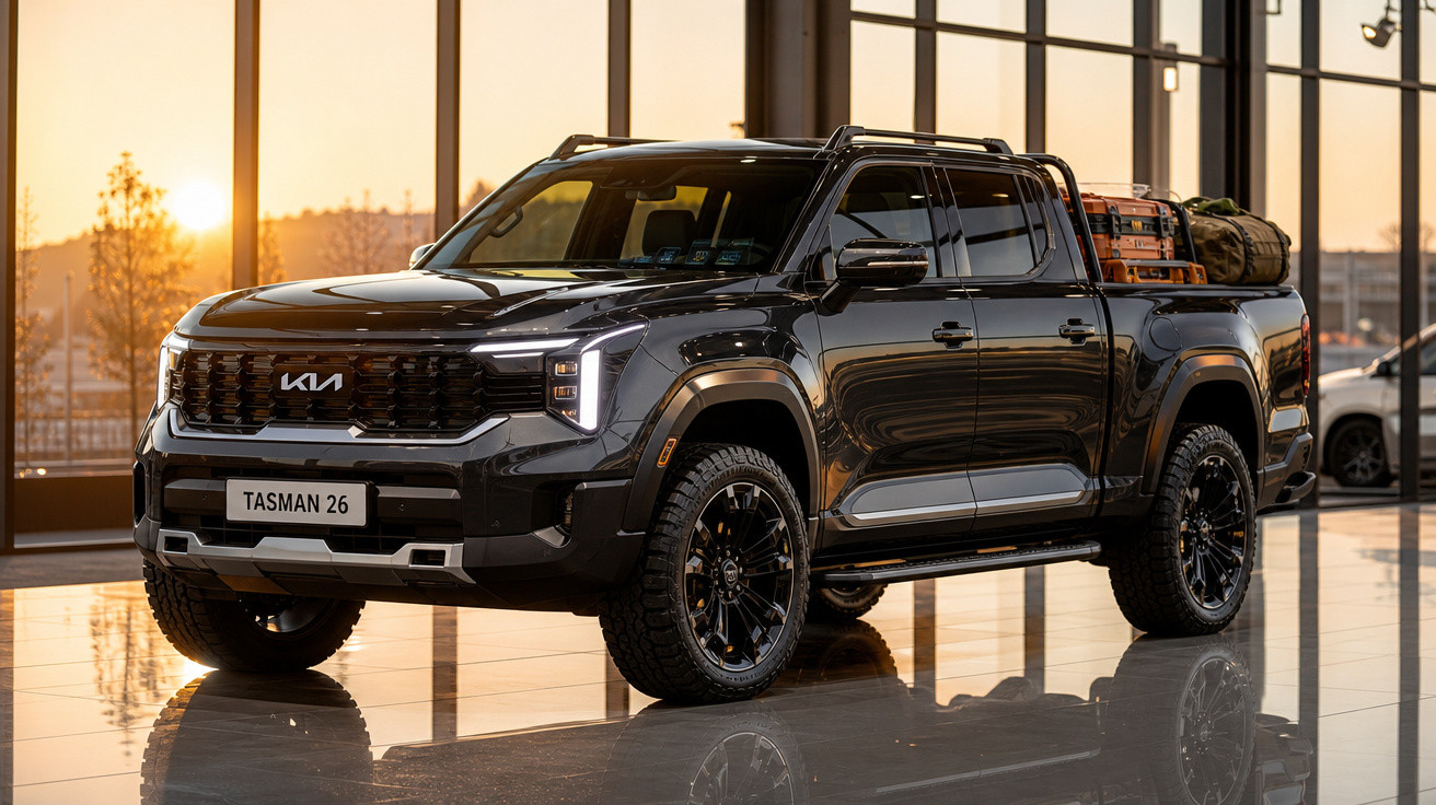 Pickup preta Kia Tasman 26 estacionada em showroom com bagagem na traseira ao pôr do sol.
