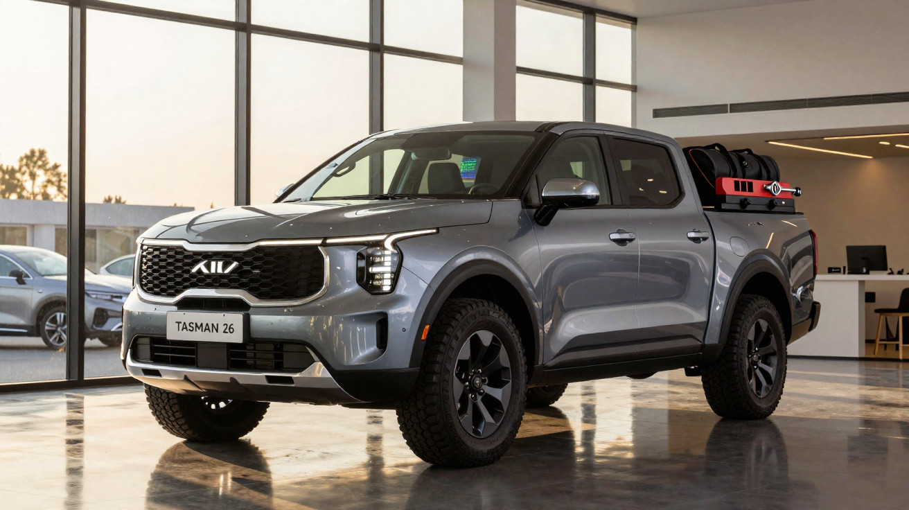 Picape cinzenta AIV Tasman 26 exibida num showroom com jantes pretas e acessórios na caixa.
