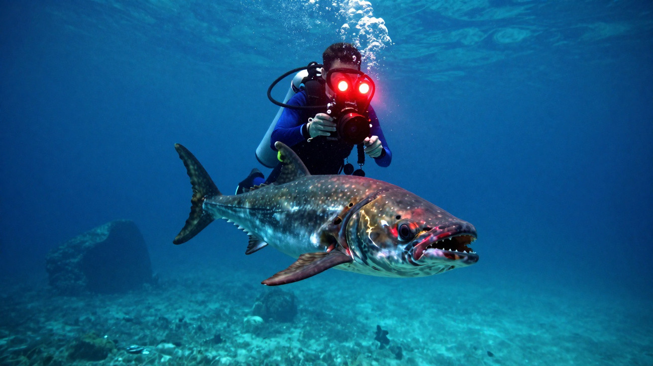 Mergulhador com câmara a fotografar peixe de dentes afiados no oceano.