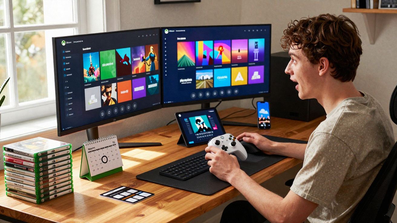 Jovem a jogar videojogos num ambiente com dois monitores, tablet, smartphone e comandos Xbox numa secretária.