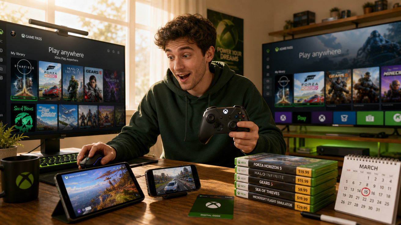 Jovem joga videojogos Xbox em vários dispositivos com comandos e vários jogos Xbox na mesa.