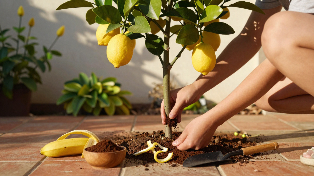 Pessoa a plantar uma árvore de limão num jardim com ferramenta e cascas de banana ao lado.