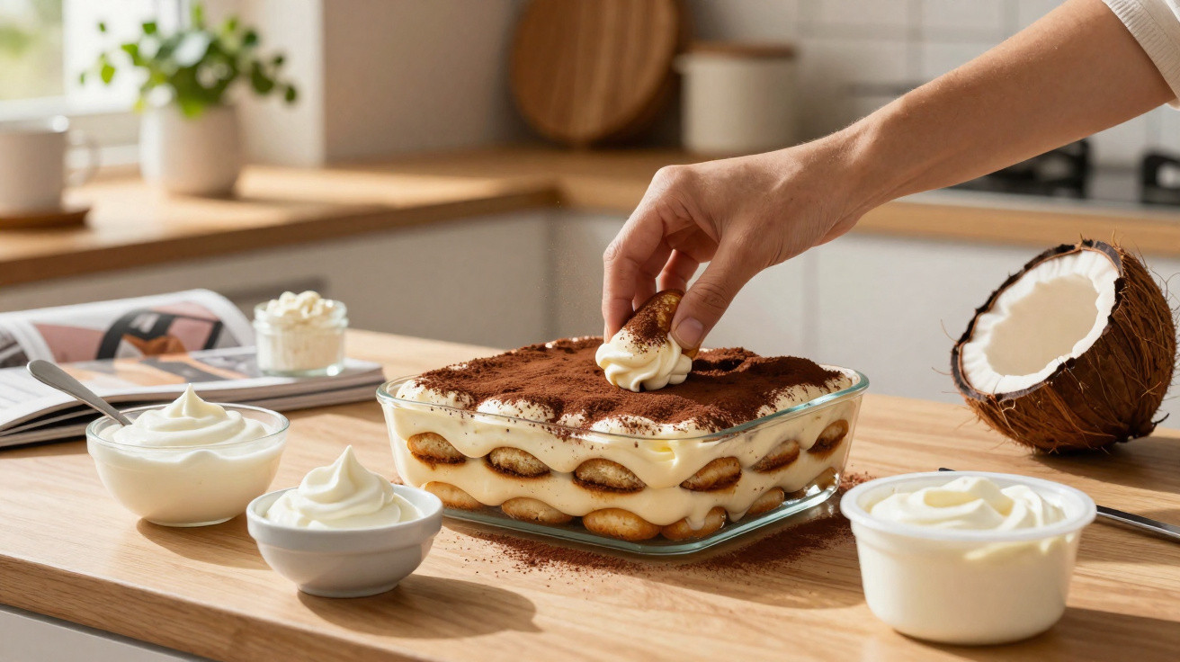 Mão a pegar biscoito de tiramisu numa tigela quadrada de vidro, com coco cortado e creme em tigelas à volta.