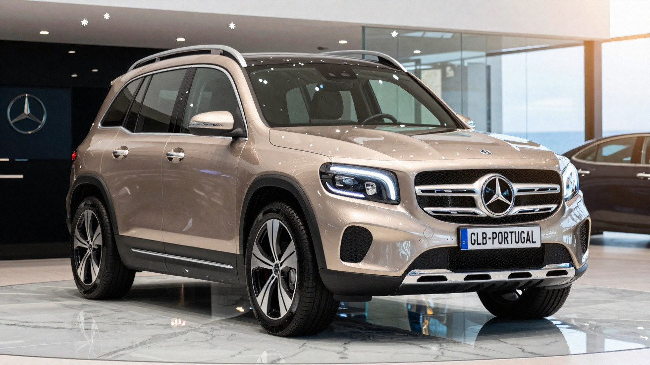 Automóvel Mercedes-Benz SUV GLB beige exposto em stand moderno com chão refletor.