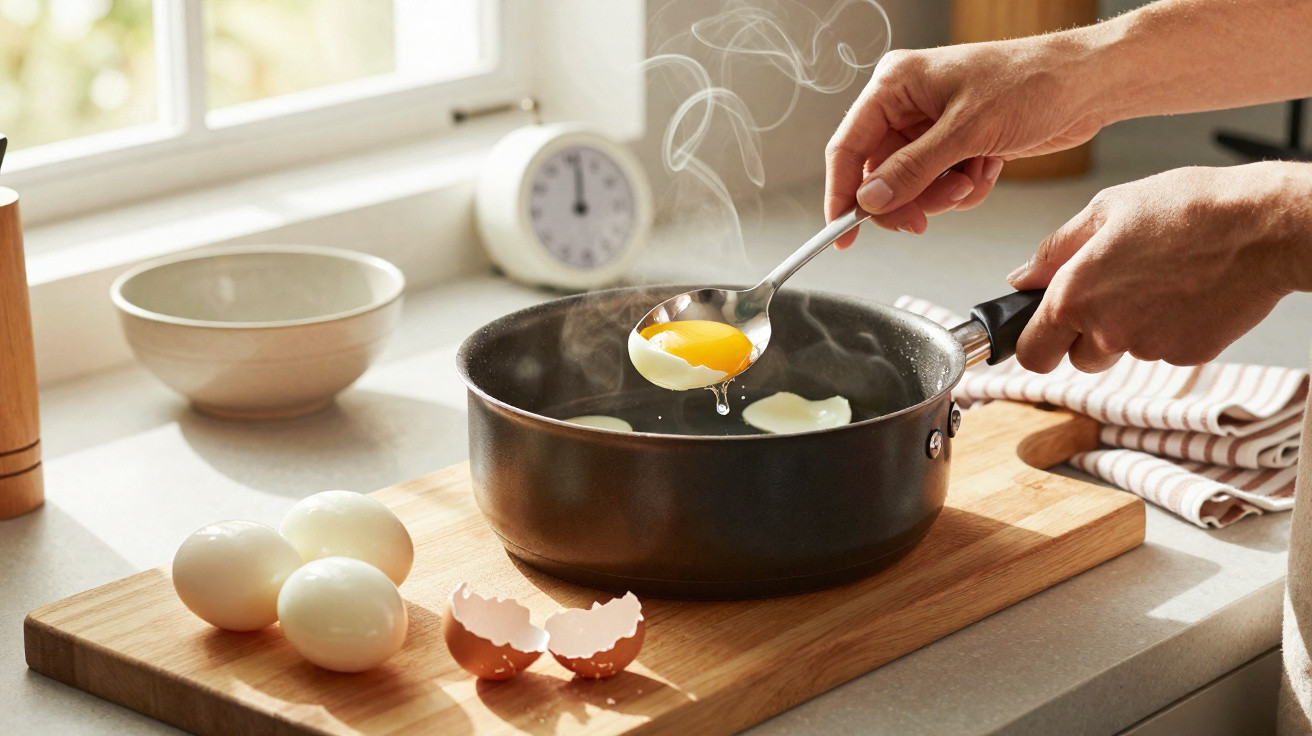 Mãos a cozer ovos em água quente numa panela na cozinha, com ovos crus e cascas na bancada.