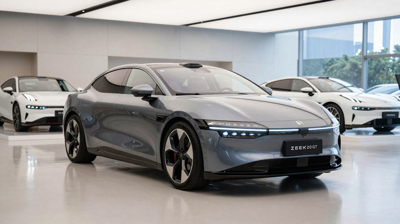 Carros elétricos modernos estacionados em exposição dentro de showroom com chão brilhante.