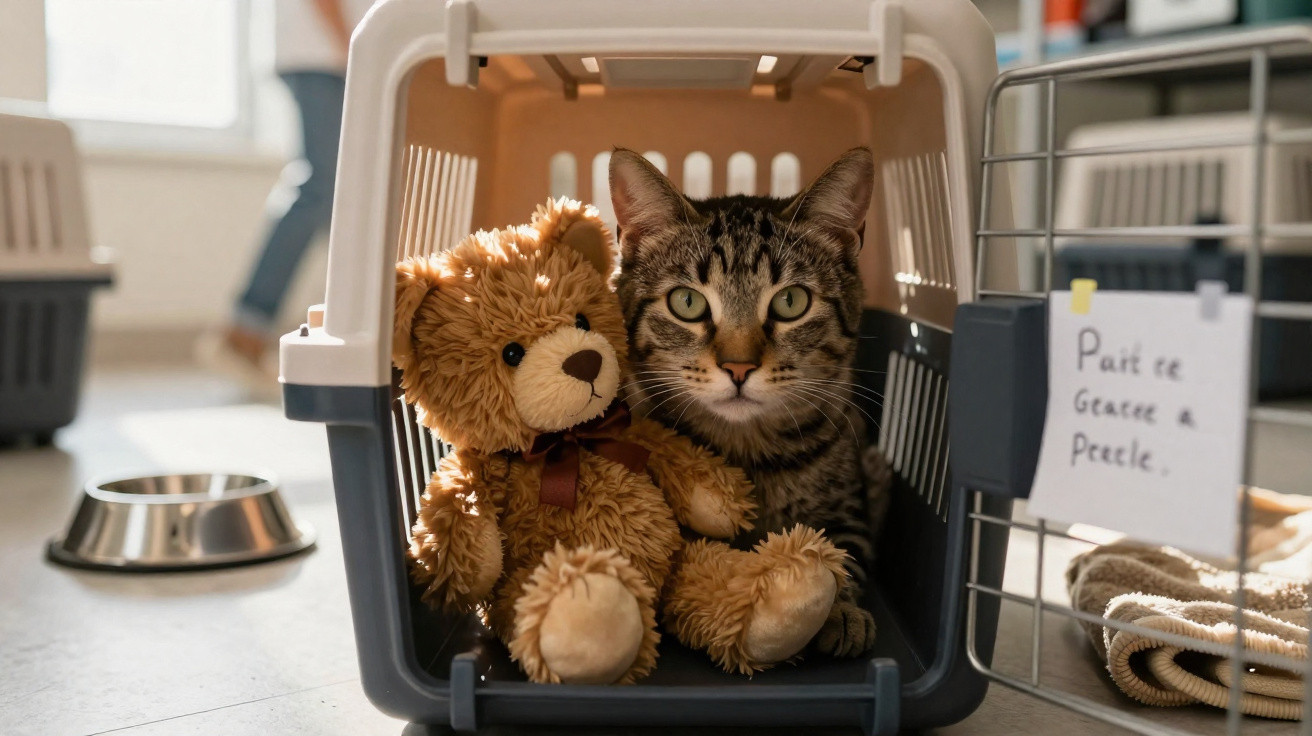 Gato dentro de transportadora com urso de peluche castanho sentados lado a lado, cenário interior iluminado.