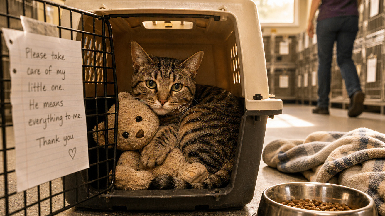 Gato dentro de caixa de transporte abraçado a urso de peluche com bilhete afetuoso num abrigo de animais.