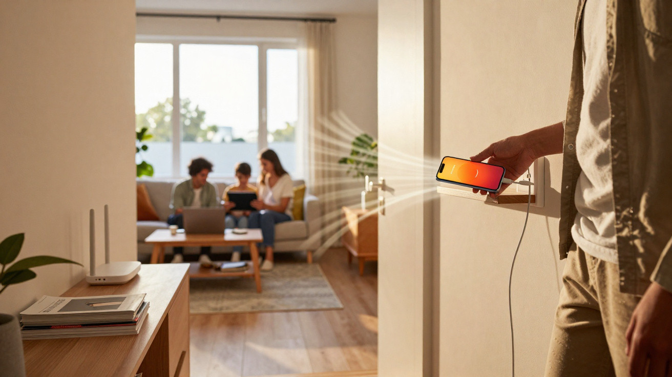 Pessoa a carregar um smartphone ligado a um carregador sem fios junto à parede numa sala com três pessoas ao fundo.