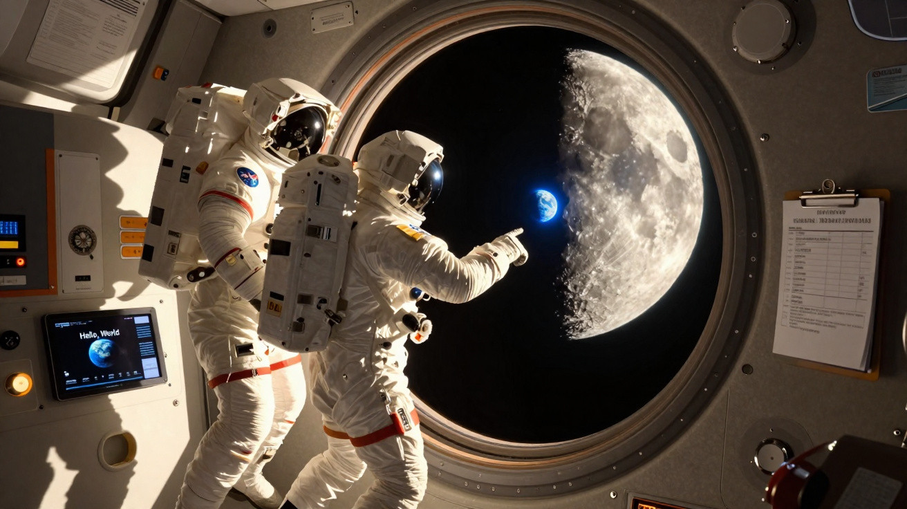 Dois astronautas dentro de uma nave espacial observam a Terra e a Lua através de uma janela circular.