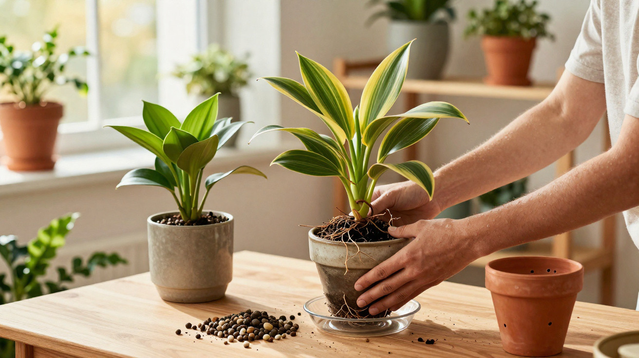 Pessoa a transplantar planta com folhas verdes e amarelas para vaso de barro num ambiente interior iluminado.