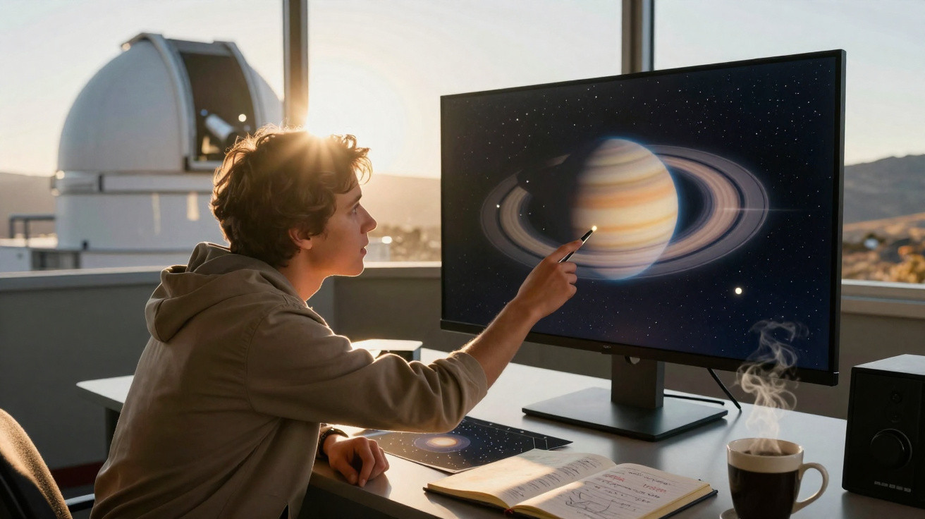 Jovem aponta para imagem de Saturno num ecrã de computador num observatório ao pôr do sol.