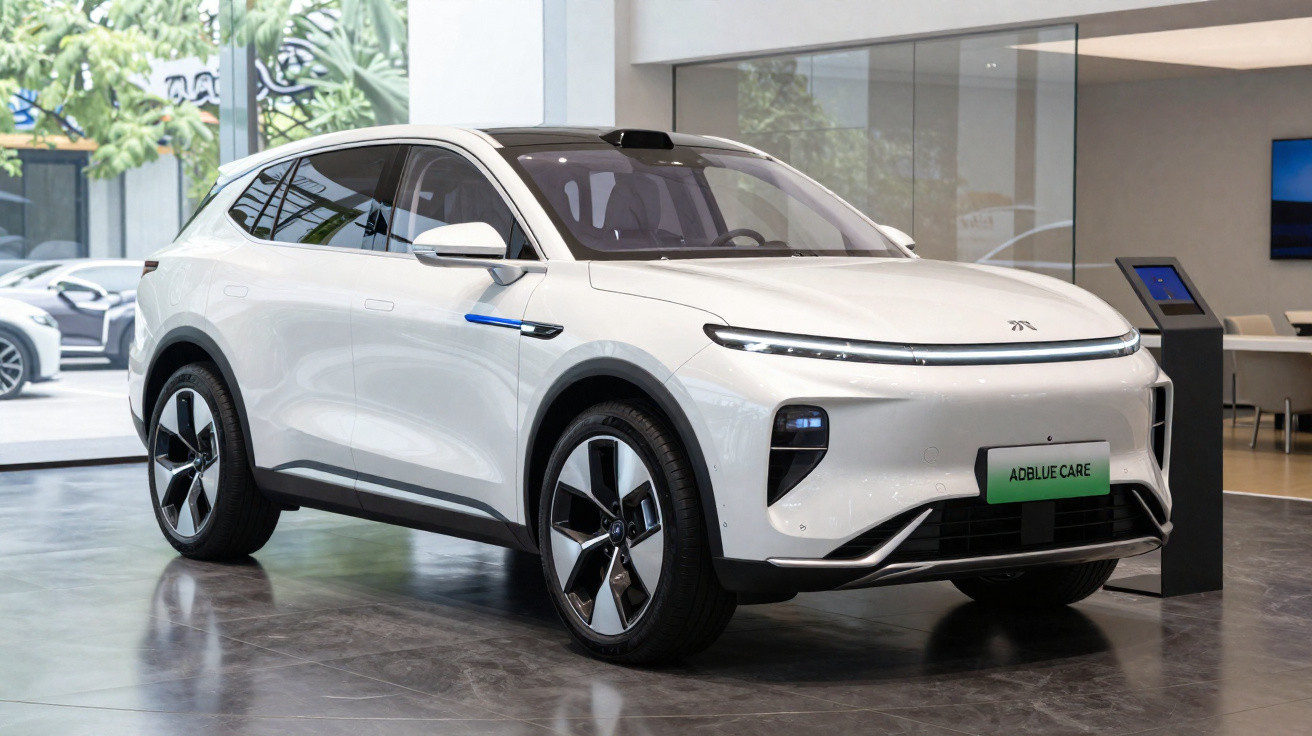 Carro elétrico SUV branco estacionado em showroom moderno com janelas de vidro e piso brilhante.