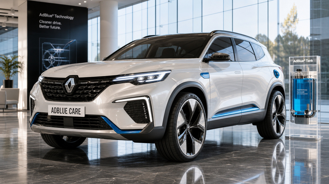 SUV branco Renault elétrico exposto num showroom moderno com painel informativo AdBlue ao lado.