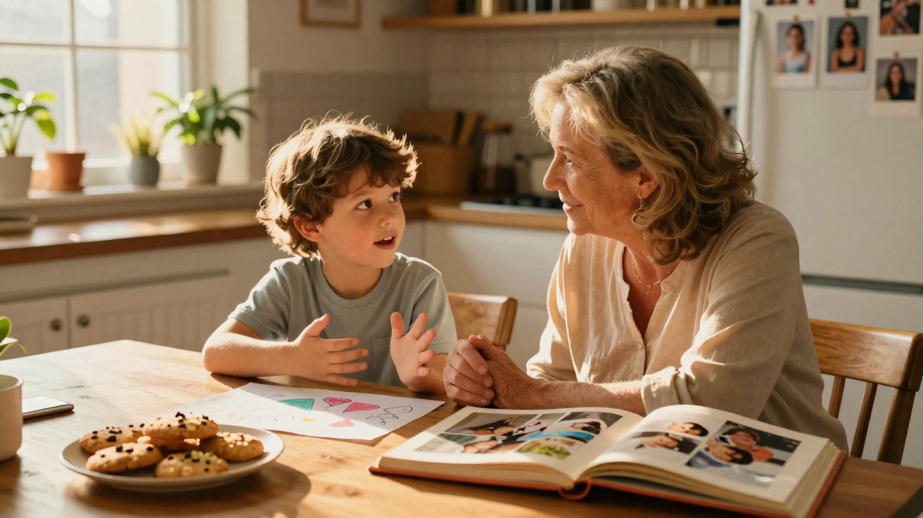 Criança e idosa sentadas à mesa, a olhar-se e conversar, com livro de fotografias e desenhos, numa cozinha iluminada.