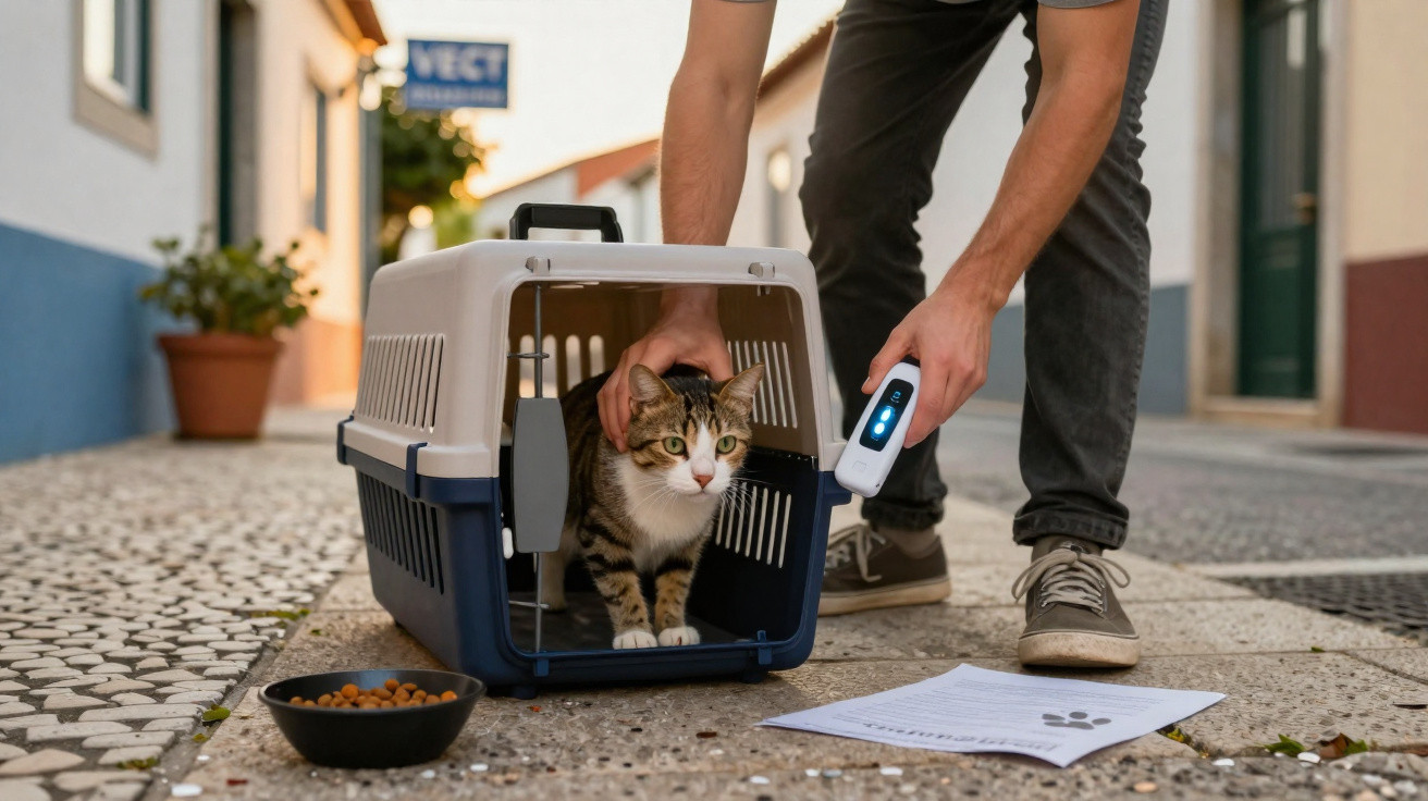 Pessoa a escanear microchip de gato enquanto este sai de transportadora numa rua com calçada portuguesa.