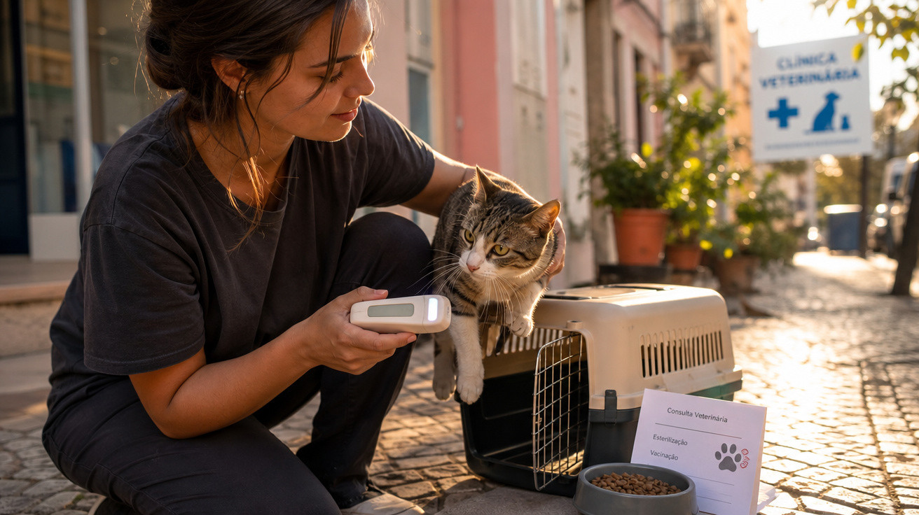 Mulher a segurar um gato para consulta veterinária na rua, perto de transportadora e comida do animal.