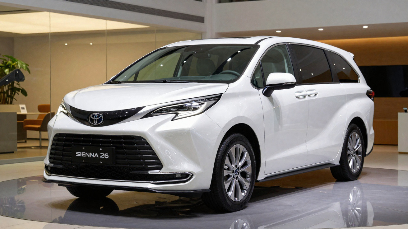 Carro Toyota Sienna 26 branco estacionado numa exposição moderna com chão brilhante.