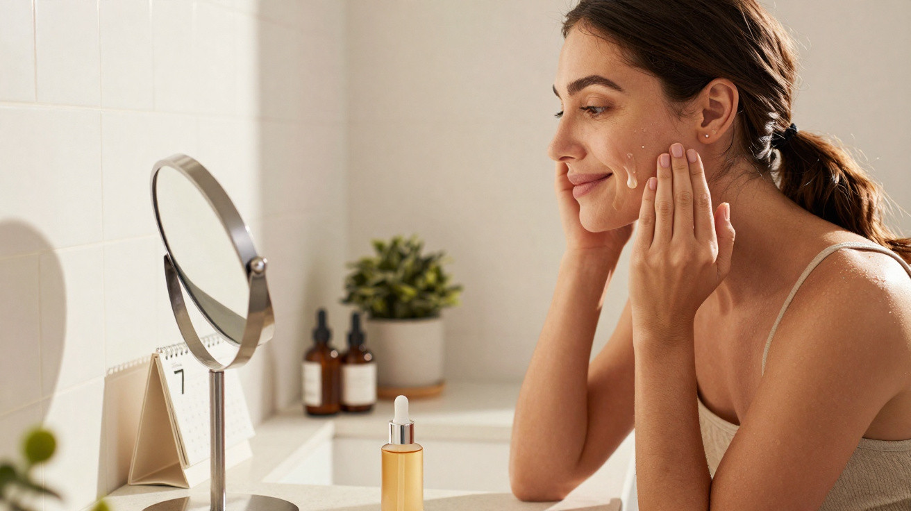 Mulher aplica sérum facial junto a espelho numa casa de banho iluminada e moderna.