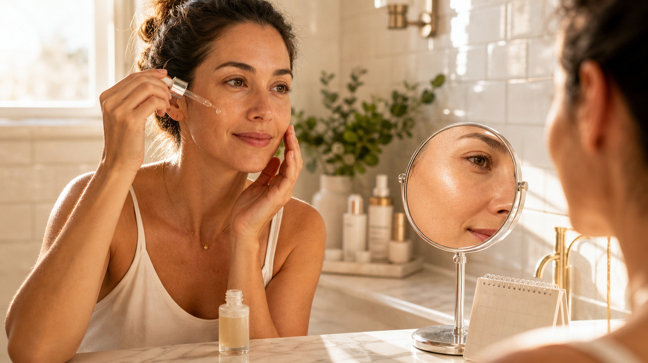 Mulher aplica sérum facial em frente a um espelho numa casa de banho iluminada natural.