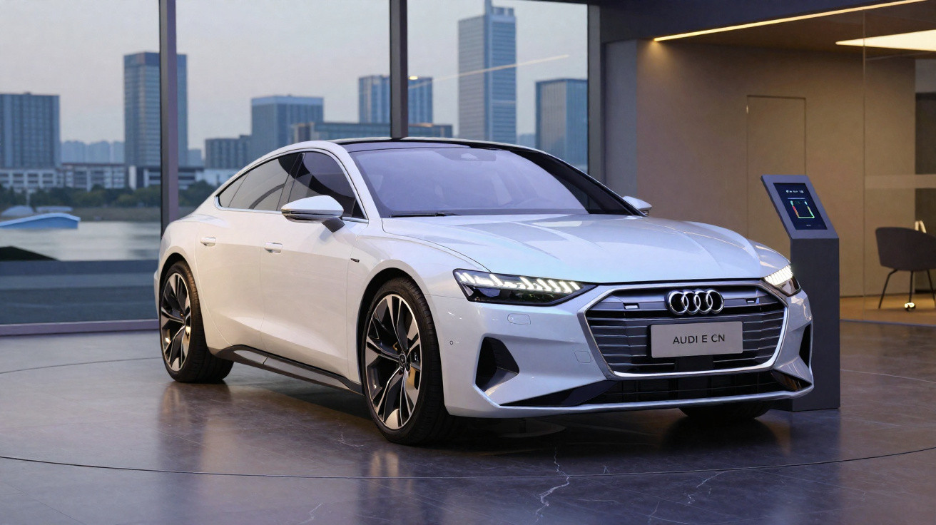Carro eléctrico Audi e-tron GT branco estacionado em espaço moderno com vista urbana ao fundo.