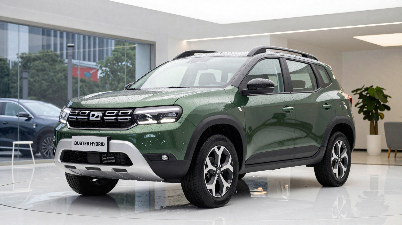 Carro SUV verde Duster Hybrid estacionado em interior moderno com piso branco e plantas decorativas.